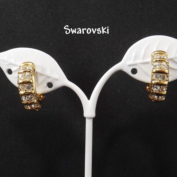 Swarovski Clear Rhinestone Half Hoop Clip On Earrings, Gold Tone, 1990s Vintage - Picture 4 of 10